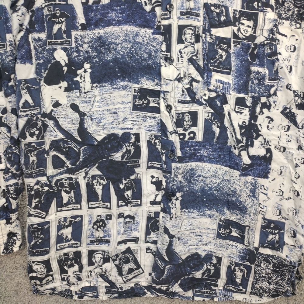 ROBERT STOCK SILK FOOTBALL PLAYER BUTTON UP Blue White All Over Print Men's LG - Picture 3 of 14